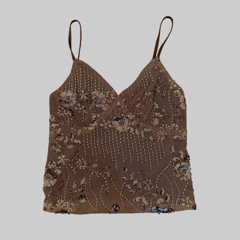STUDIO 12 Brown Beaded Cami Top Sequin Mesh Overlay Y2K Camisole Size S NWTz all